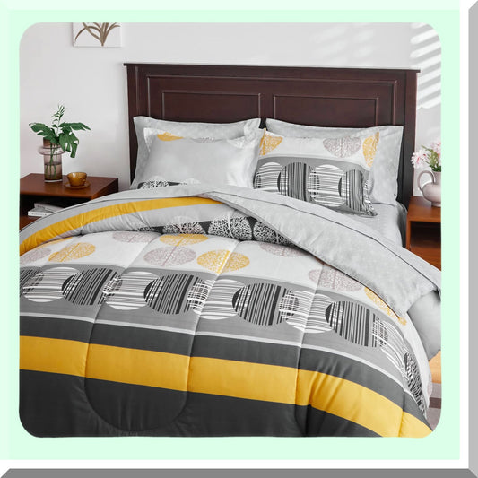 Striped Circles Comforter Set - Queen Size 7 Piece Bedding Set in Black, Gray, Yellow - All Season Bed Set with Comforter, Sheets, Pillow Shams, Pillowcases