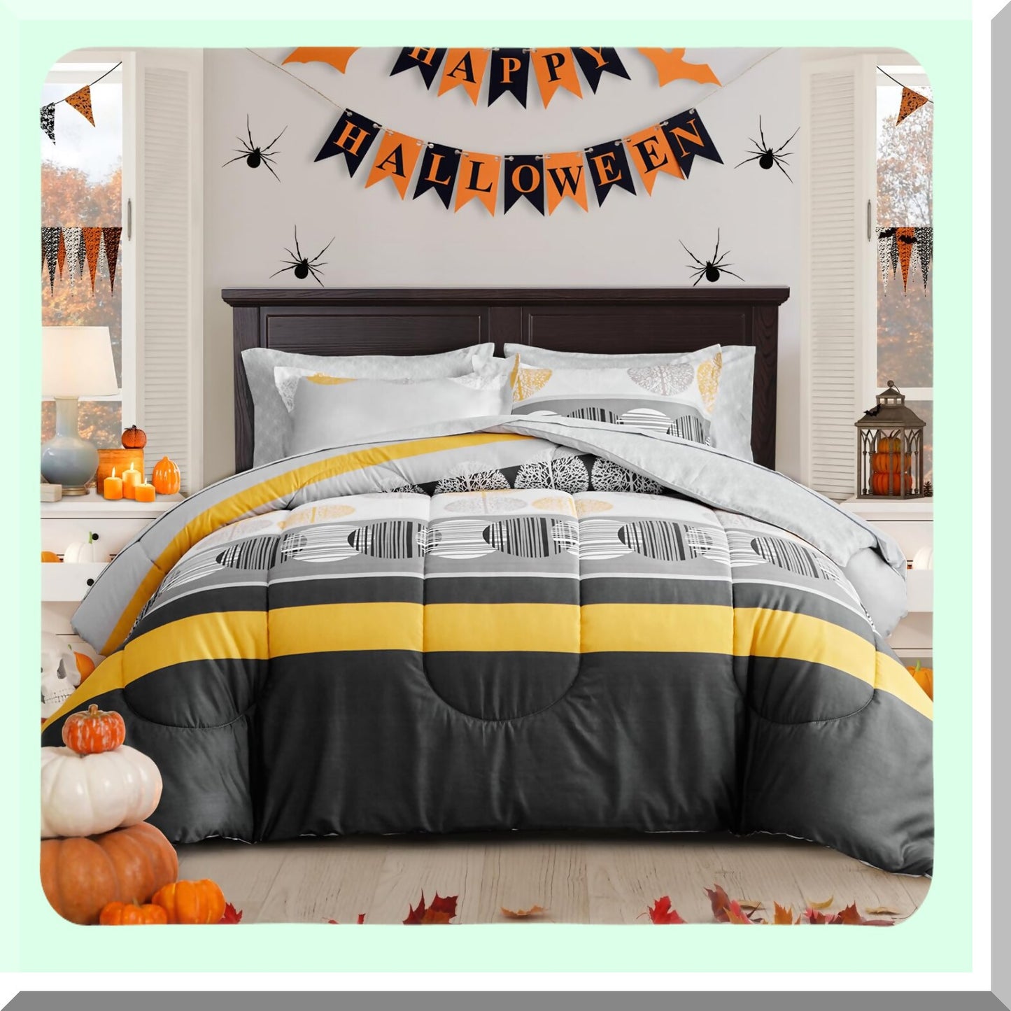 Striped Circles Comforter Set - Queen Size 7 Piece Bedding Set in Black, Gray, Yellow - All Season Bed Set with Comforter, Sheets, Pillow Shams, Pillowcases