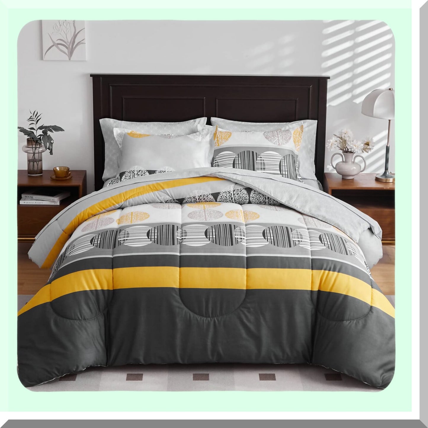 Striped Circles Comforter Set - Queen Size 7 Piece Bedding Set in Black, Gray, Yellow - All Season Bed Set with Comforter, Sheets, Pillow Shams, Pillowcases