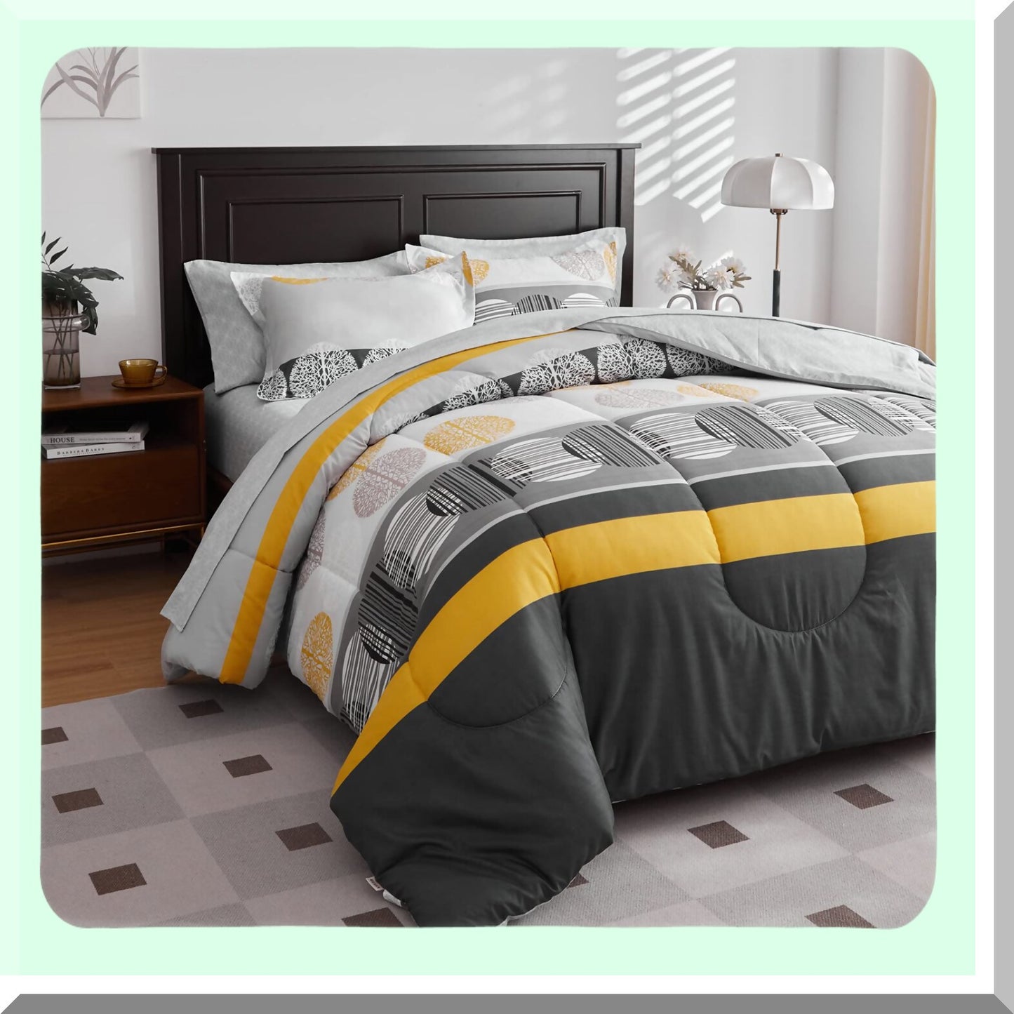 Striped Circles Comforter Set - Queen Size 7 Piece Bedding Set in Black, Gray, Yellow - All Season Bed Set with Comforter, Sheets, Pillow Shams, Pillowcases