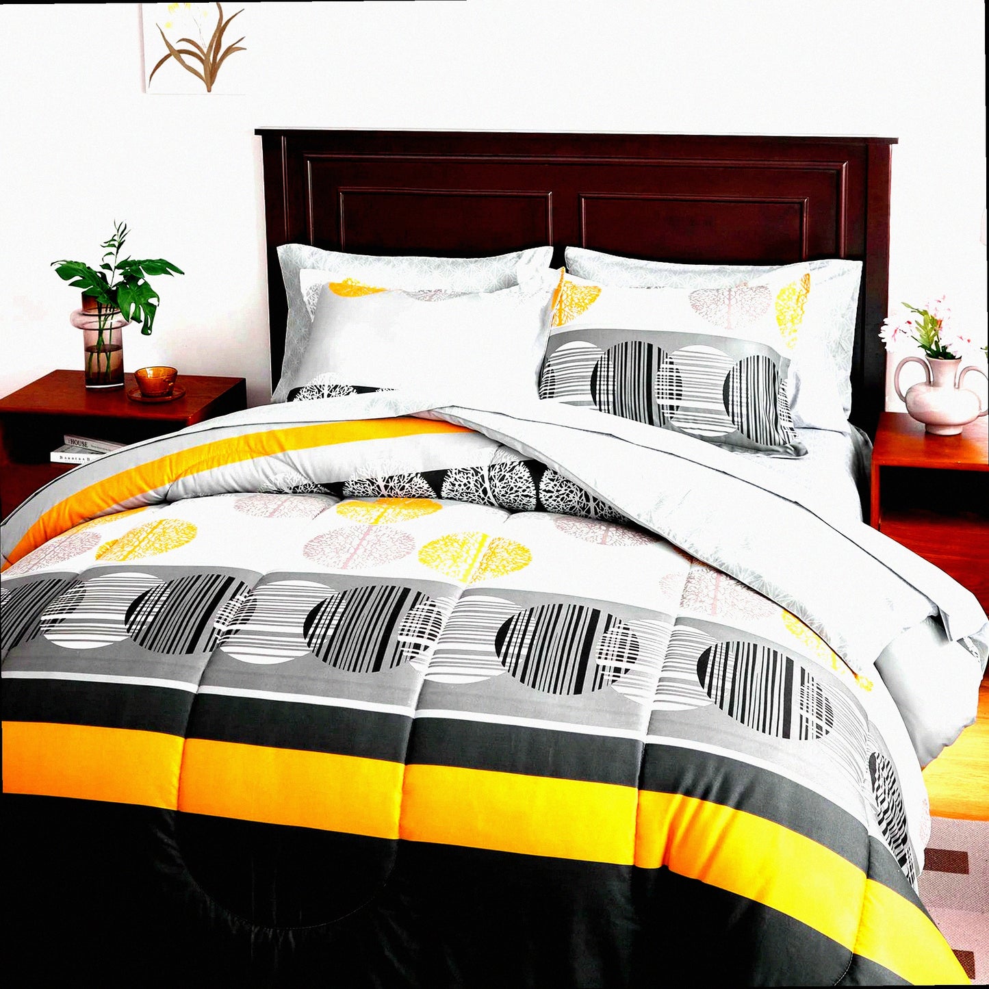 Striped Circles Comforter Set - Queen Size 7 Piece Bedding Set in Black, Gray, Yellow - All Season Bed Set with Comforter, Sheets, Pillow Shams, Pillowcases