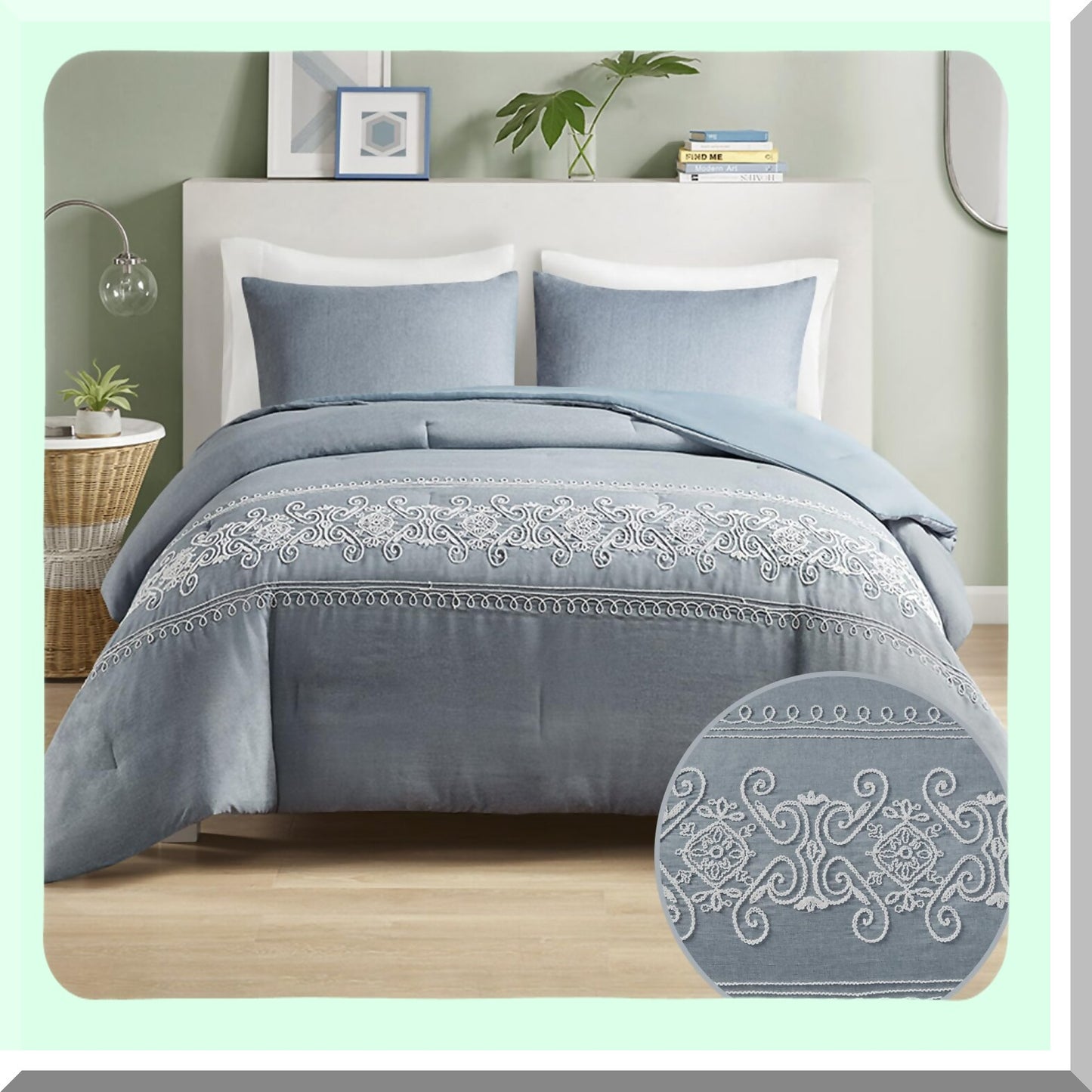 Blue Scroll Embroidered Comforter Set - Twin XL Size - All Season Down Alternative Bedding with Matching Sham - Feminine Bedroom Decor - Soft and Cozy - Beautifully Designed