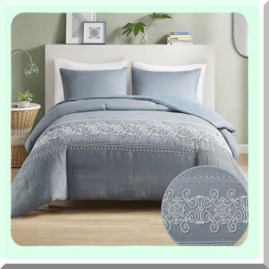 Blue Scroll Embroidered Comforter Set - Twin XL Size - All Season Down Alternative Bedding with Matching Sham - Feminine Bedroom Decor - Soft and Cozy - Beautifully Designed