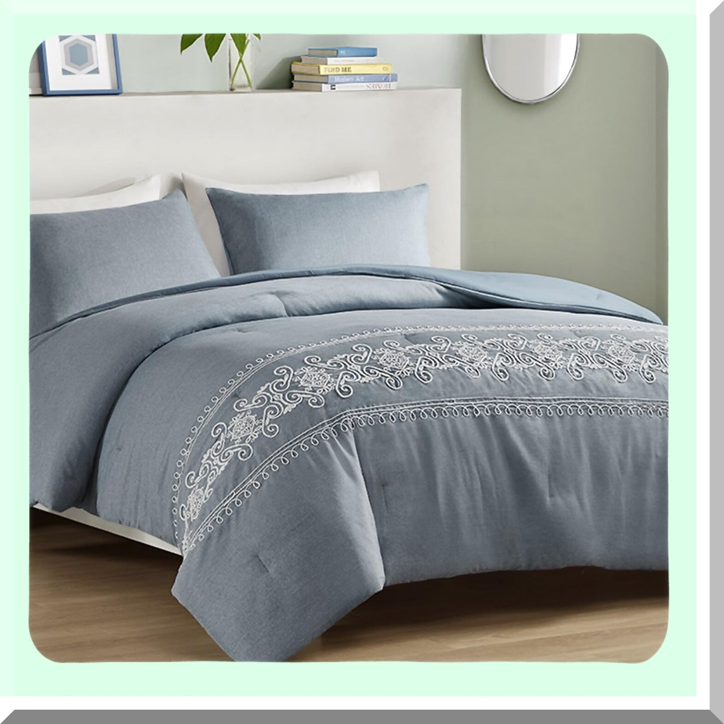 Blue Scroll Embroidered Comforter Set - Twin XL Size - All Season Down Alternative Bedding with Matching Sham - Feminine Bedroom Decor - Soft and Cozy - Beautifully Designed