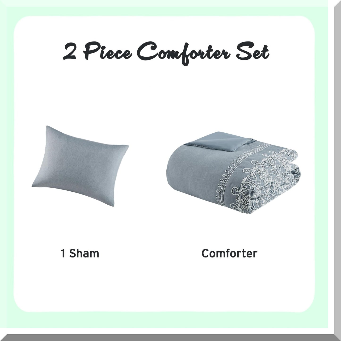 Blue Scroll Embroidered Comforter Set - Twin XL Size - All Season Down Alternative Bedding with Matching Sham - Feminine Bedroom Decor - Soft and Cozy - Beautifully Designed