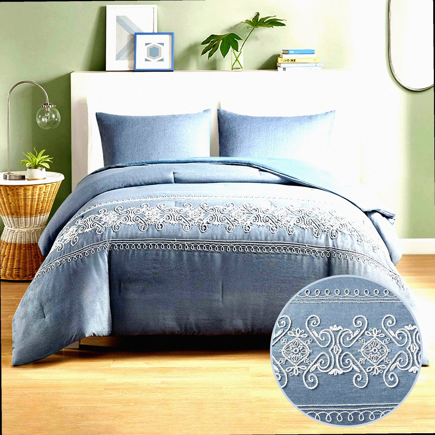 Blue Scroll Embroidered Comforter Set - Twin XL Size - All Season Down Alternative Bedding with Matching Sham - Feminine Bedroom Decor - Soft and Cozy - Beautifully Designed