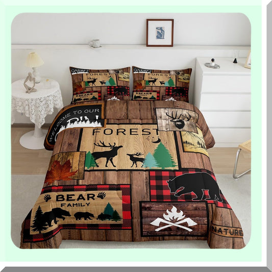 Wilderness Retreat Queen Comforter Set - Rustic Adventure Bear & Deer Bedding - Hunting Wildlife Duvet Insert - Plaid Lodge Farmhouse Quilt - Western Country Room Decor - Black & Red Lattice