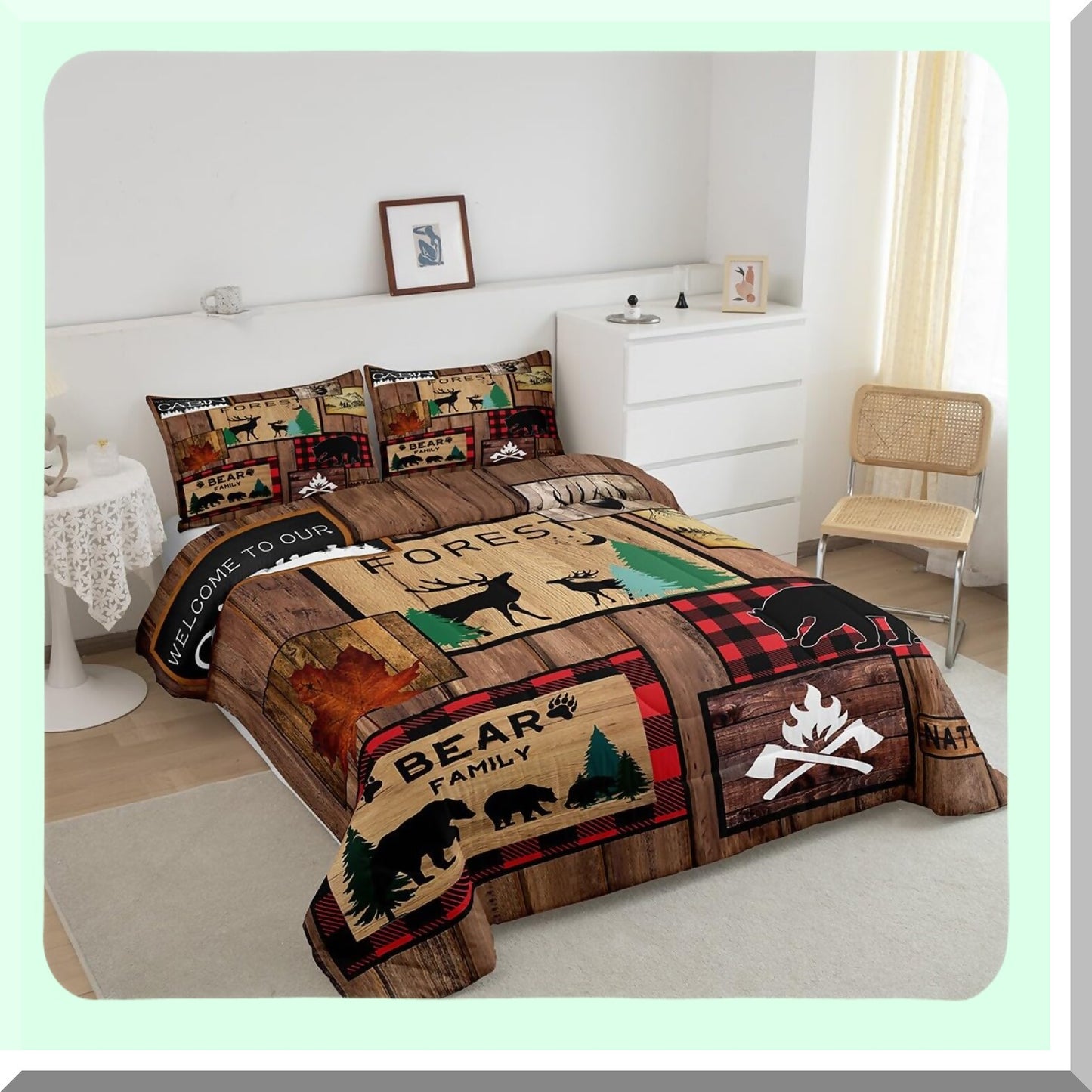 Wilderness Retreat Queen Comforter Set - Rustic Adventure Bear & Deer Bedding - Hunting Wildlife Duvet Insert - Plaid Lodge Farmhouse Quilt - Western Country Room Decor - Black & Red Lattice