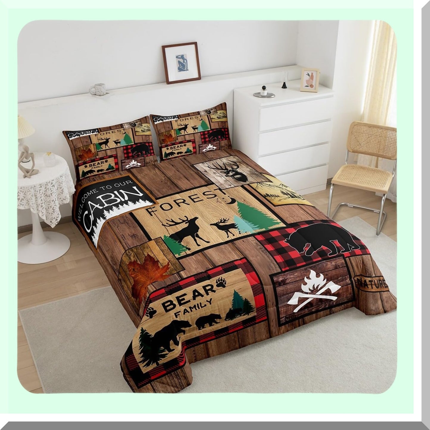 Wilderness Retreat Queen Comforter Set - Rustic Adventure Bear & Deer Bedding - Hunting Wildlife Duvet Insert - Plaid Lodge Farmhouse Quilt - Western Country Room Decor - Black & Red Lattice