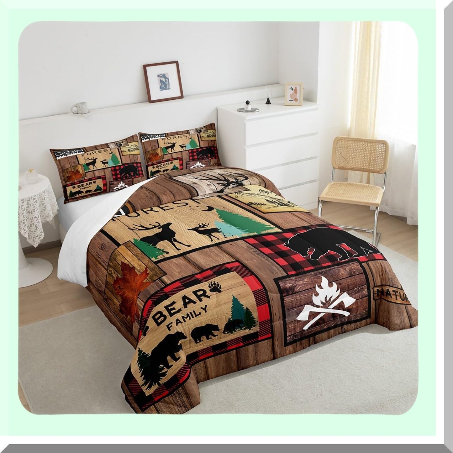 Wilderness Retreat Queen Comforter Set - Rustic Adventure Bear & Deer Bedding - Hunting Wildlife Duvet Insert - Plaid Lodge Farmhouse Quilt - Western Country Room Decor - Black & Red Lattice