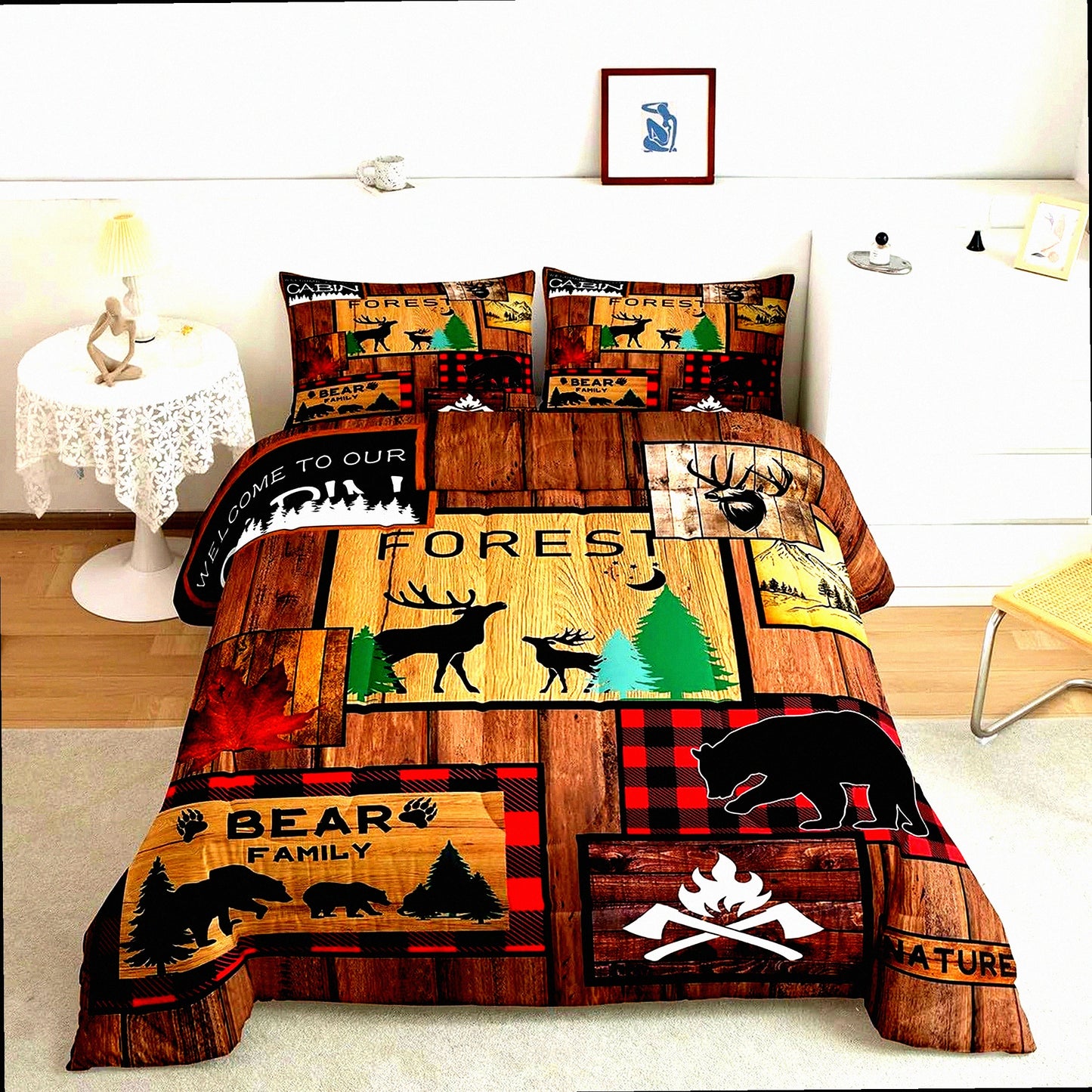 Wilderness Retreat Queen Comforter Set - Rustic Adventure Bear & Deer Bedding - Hunting Wildlife Duvet Insert - Plaid Lodge Farmhouse Quilt - Western Country Room Decor - Black & Red Lattice
