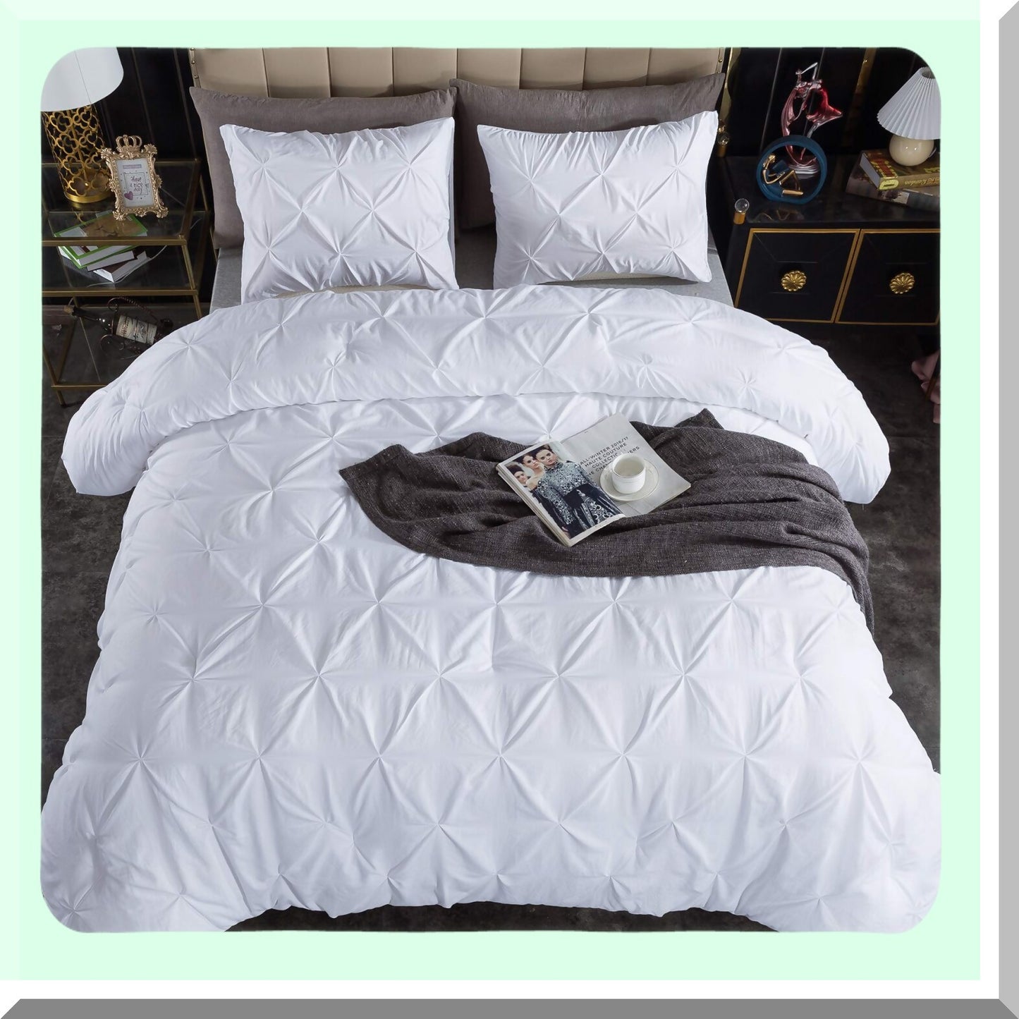 Cute Pleat White Queen Comforter Set - Soft Lightweight Fluffy Down Alternative Bedding for All Seasons - 3 Piece Bed Set for Queen Bed