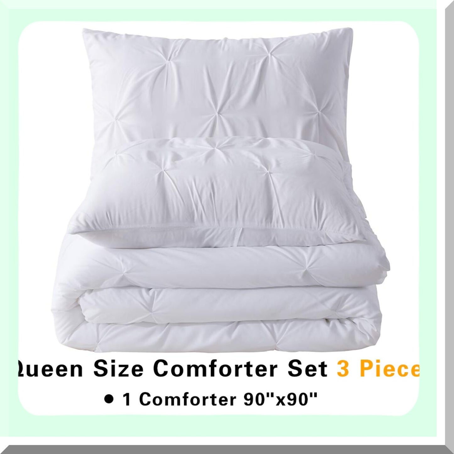 Cute Pleat White Queen Comforter Set - Soft Lightweight Fluffy Down Alternative Bedding for All Seasons - 3 Piece Bed Set for Queen Bed