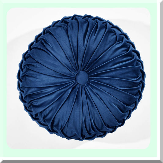 Navy Blue Velvet Round Pleated Throw Pillow - Plush Seat Cushion for Bed, Couch, Chair - Decorative Pillows 15" Diameter - Soft and Stylish Home Decor