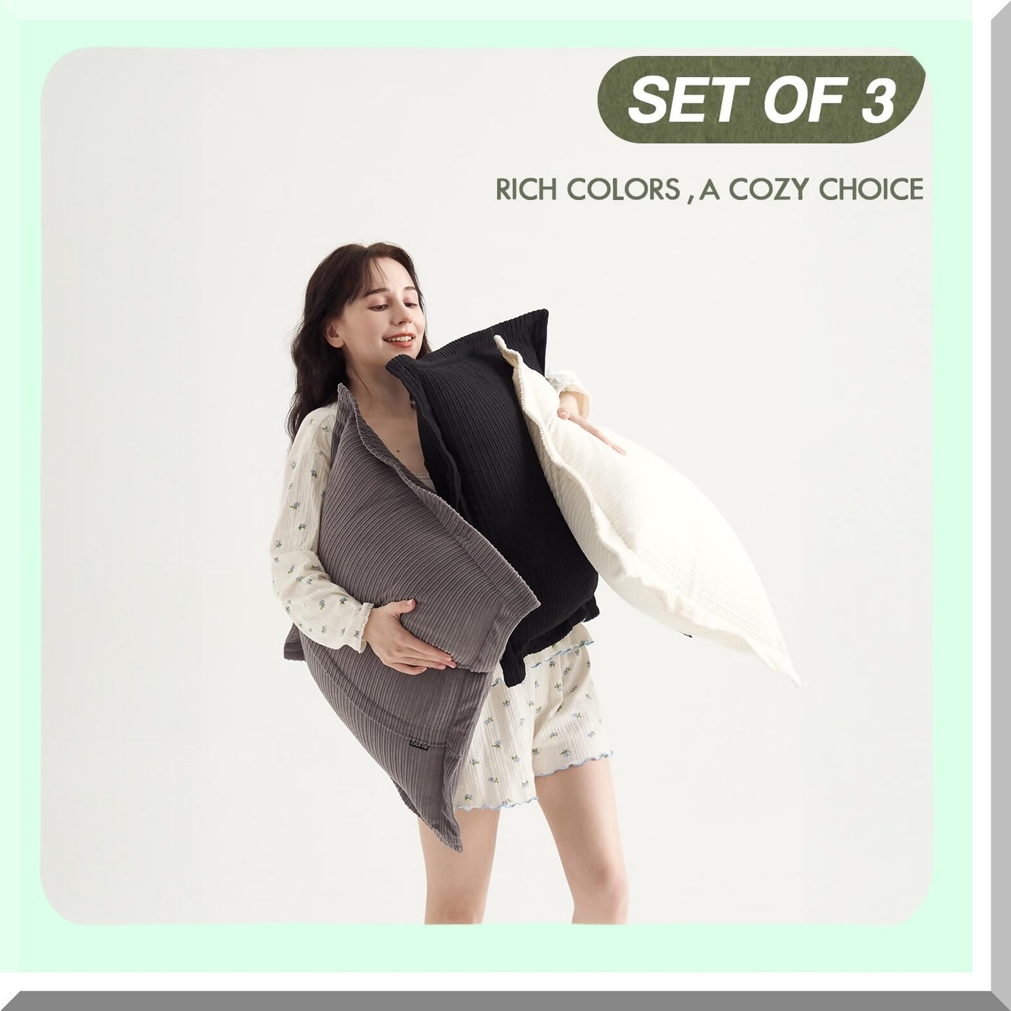 Chic Boho Stripe Pillow Covers - Set of 3 Soft Corduroy Square Throw Pillow Cases for Sofa Couch, Girls' Bedroom, Dorm - 22x22inch Vintage Decorative Neutral Cushion Covers in Classic Black, White, Grey