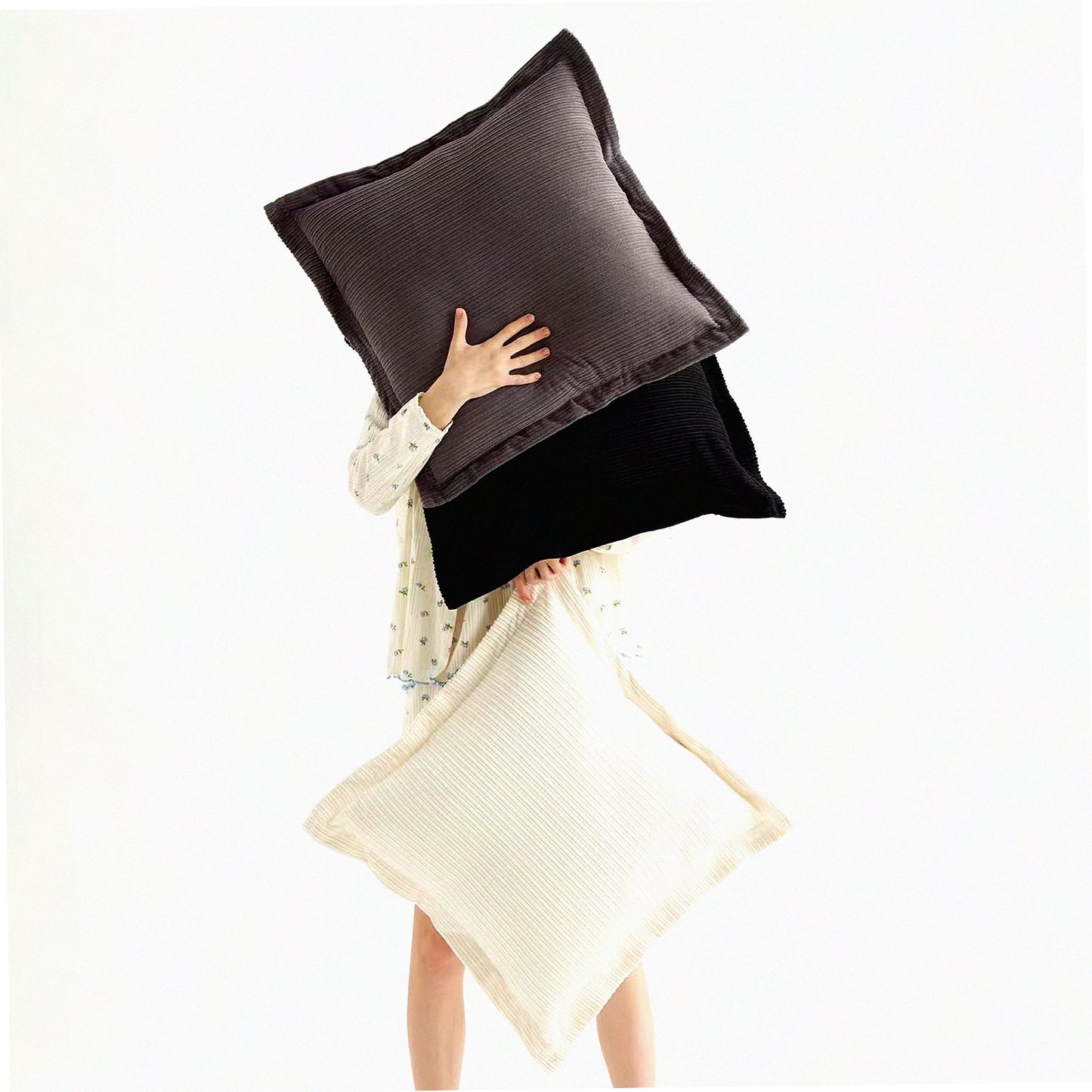 Chic Boho Stripe Pillow Covers - Set of 3 Soft Corduroy Square Throw Pillow Cases for Sofa Couch, Girls' Bedroom, Dorm - 22x22inch Vintage Decorative Neutral Cushion Covers in Classic Black, White, Grey