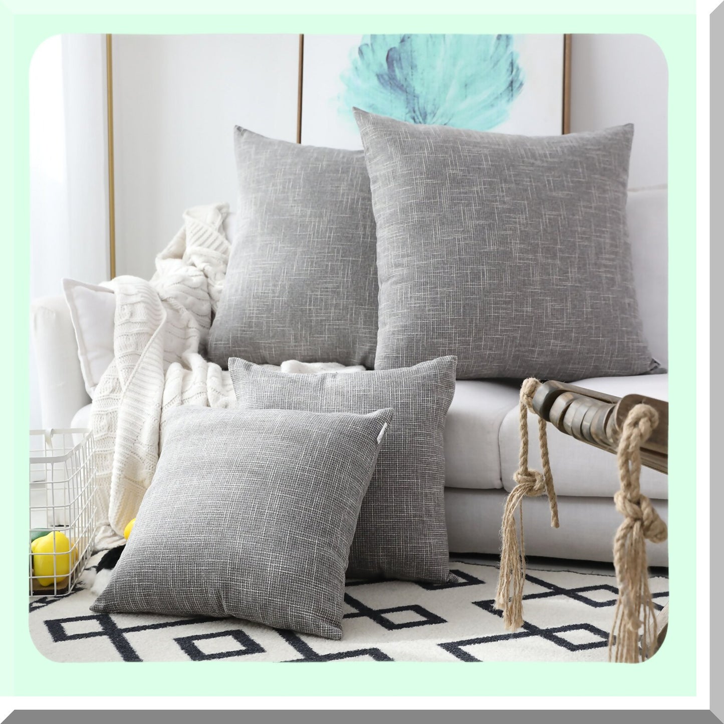 Luxe Linen Outdoor Pillow Covers - Set of 2 Decorative Cushion Cases for Couch/Chair - 24 x 24 inches - Grey - Weather Resistant - Large Size