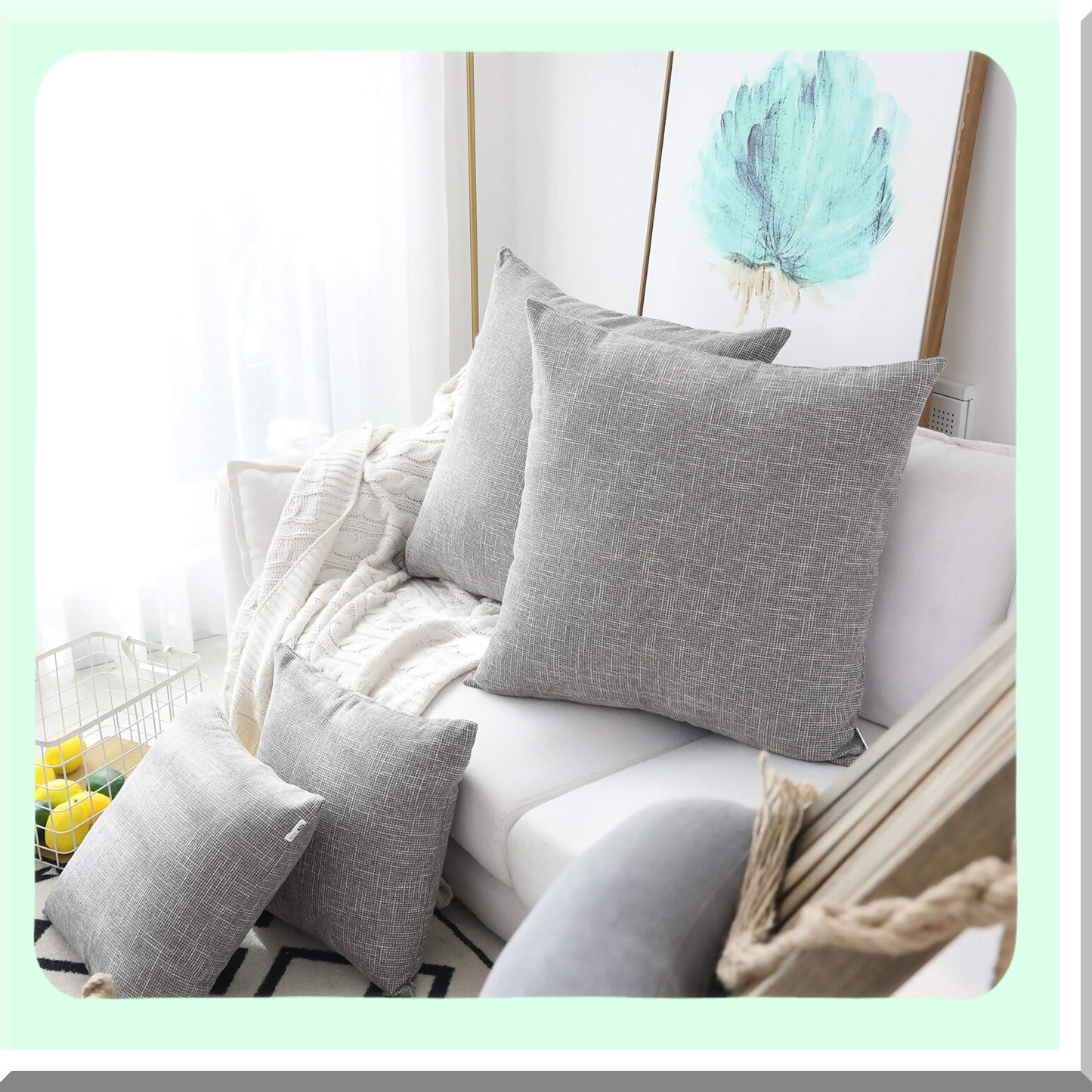 Luxe Linen Outdoor Pillow Covers - Set of 2 Decorative Cushion Cases for Couch/Chair - 24 x 24 inches - Grey - Weather Resistant - Large Size