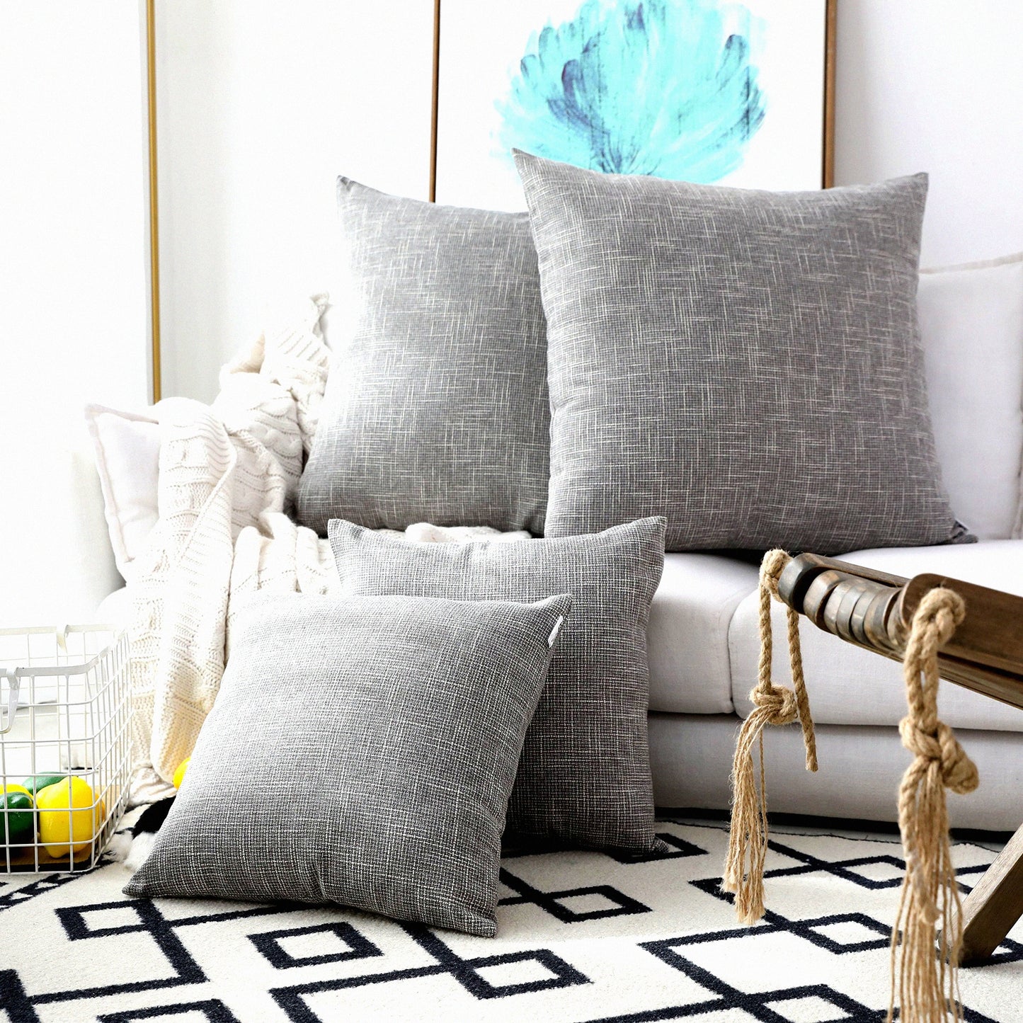 Luxe Linen Outdoor Pillow Covers - Set of 2 Decorative Cushion Cases for Couch/Chair - 24 x 24 inches - Grey - Weather Resistant - Large Size