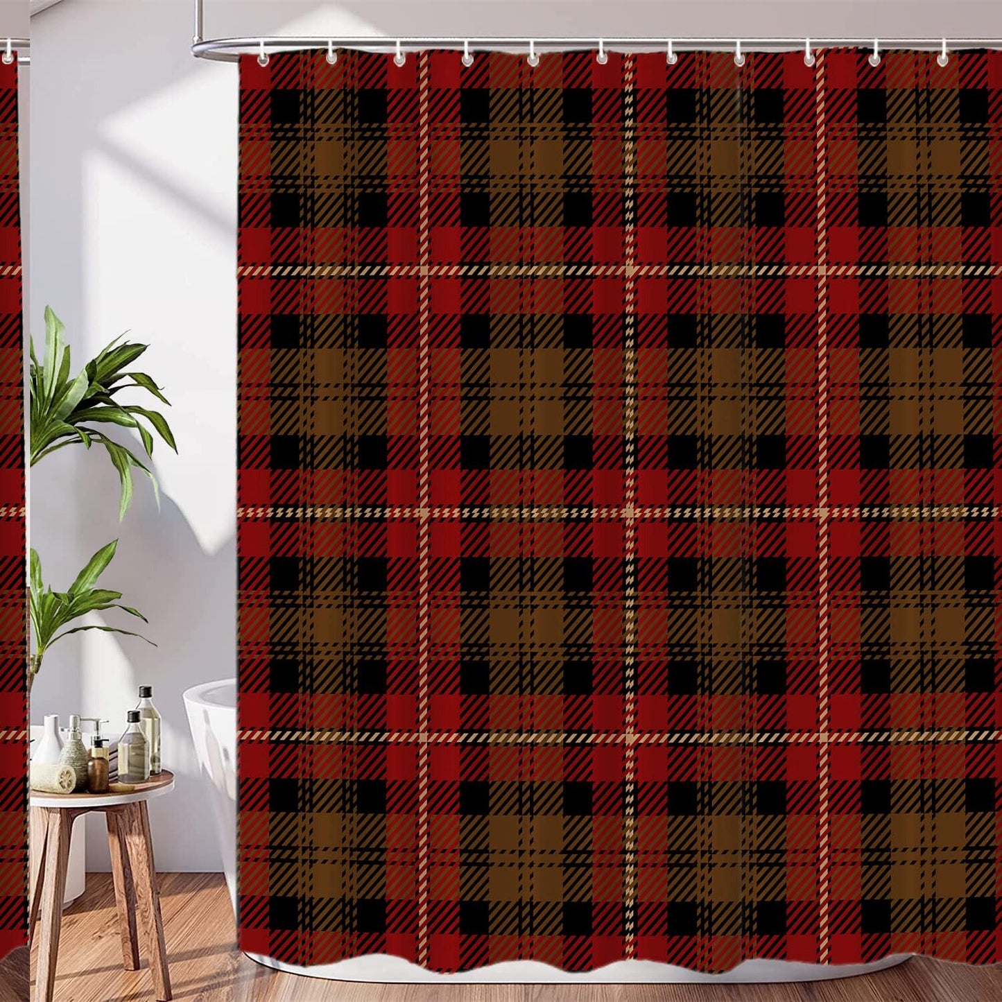Woven Tartan Plaid Shower Curtain Set 72x72 Inch