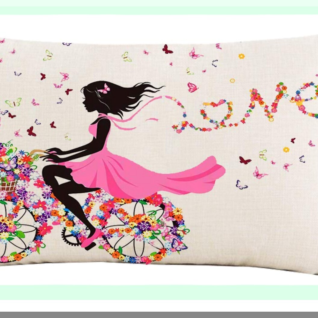 Butterfly Bliss Lumbar Pillow Cover - Pink Girl Ride Flowers Bicycle Love - Colorful Cotton Linen Decorative Home Sofa Chair Car Cushion Cover - 12x20 inches