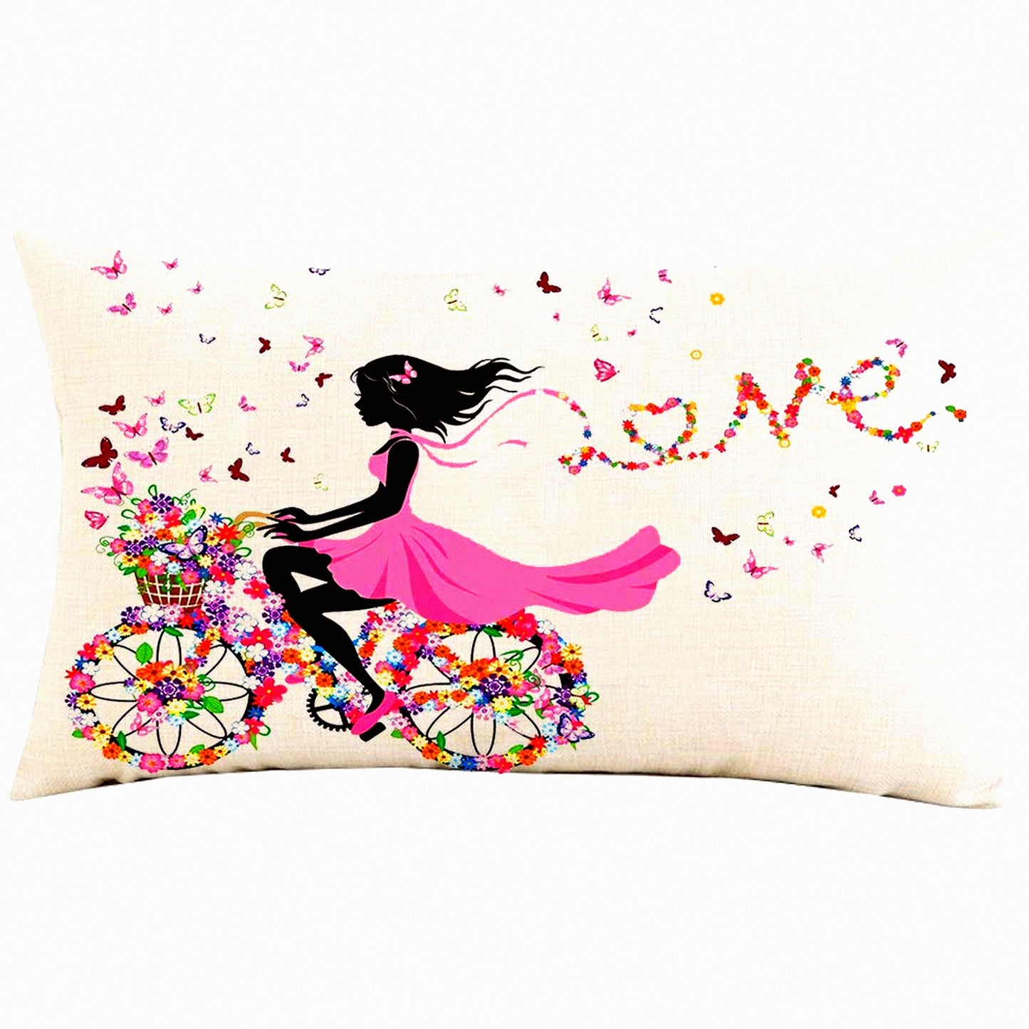 Butterfly Bliss Lumbar Pillow Cover - Pink Girl Ride Flowers Bicycle Love - Colorful Cotton Linen Decorative Home Sofa Chair Car Cushion Cover - 12x20 inches