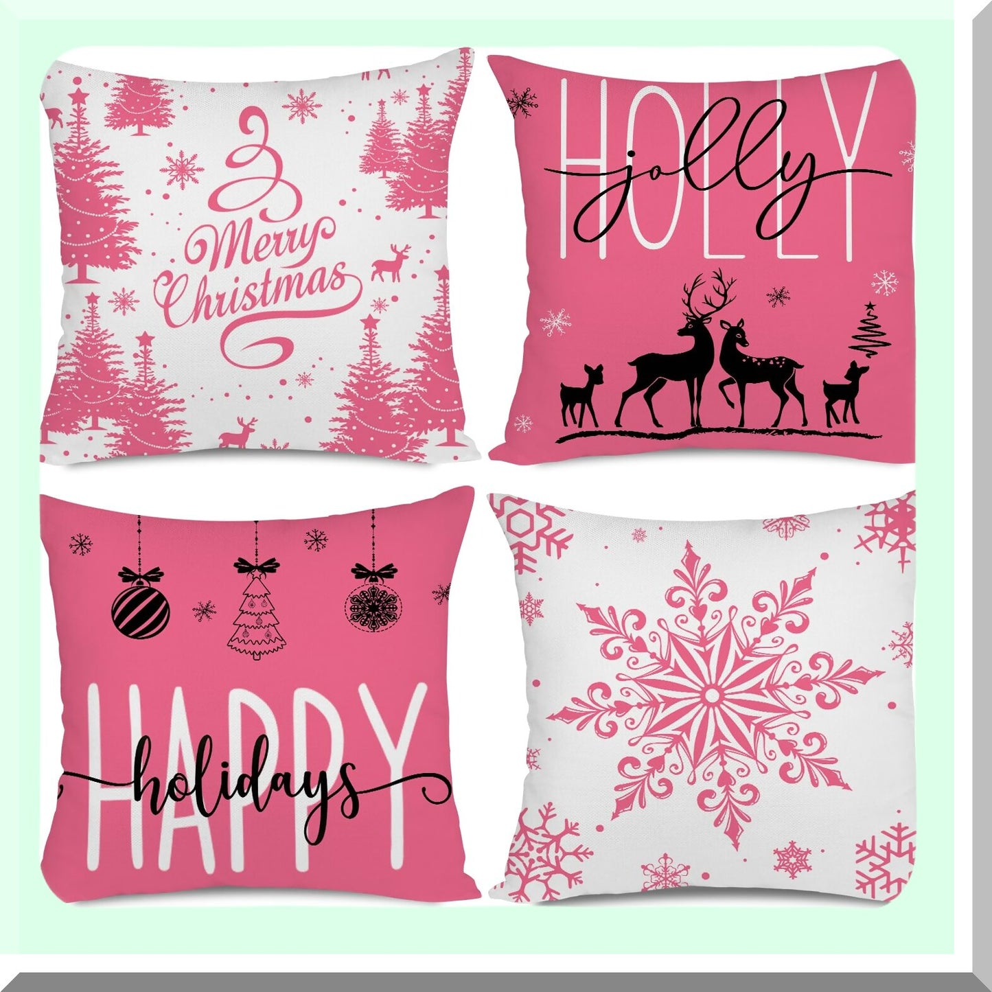 Holiday Cheer Farmhouse Pillow Covers - Set of 4 Snowflake Merry Decor Cushion Cases 20x20 for Couch Sofa in Pink. Add some Holly Jolly vibes to your home decor this season!