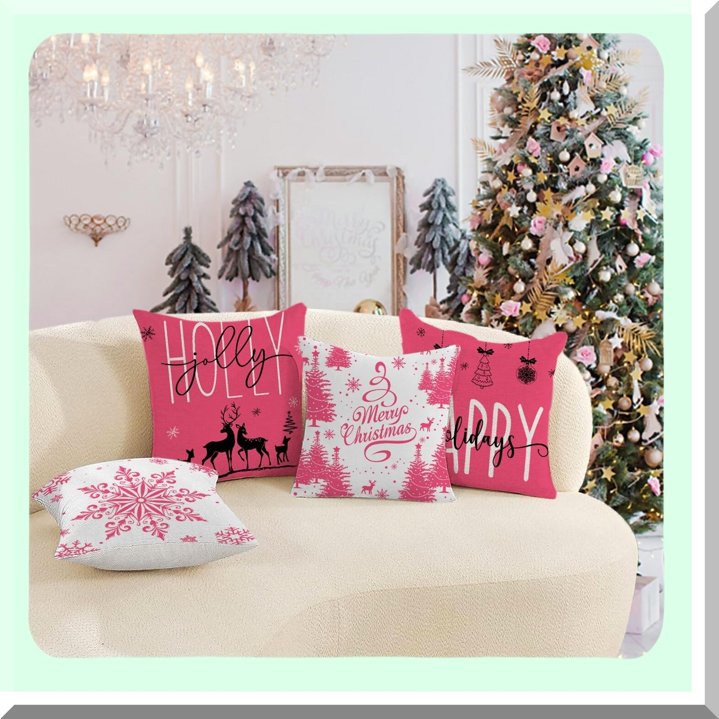 Holiday Cheer Farmhouse Pillow Covers - Set of 4 Snowflake Merry Decor Cushion Cases 20x20 for Couch Sofa in Pink. Add some Holly Jolly vibes to your home decor this season!