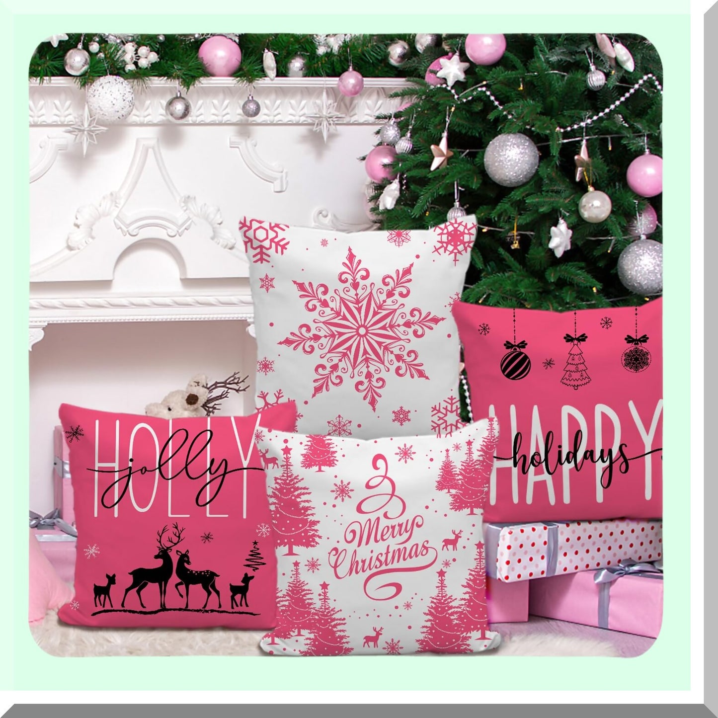 Holiday Cheer Farmhouse Pillow Covers - Set of 4 Snowflake Merry Decor Cushion Cases 20x20 for Couch Sofa in Pink. Add some Holly Jolly vibes to your home decor this season!