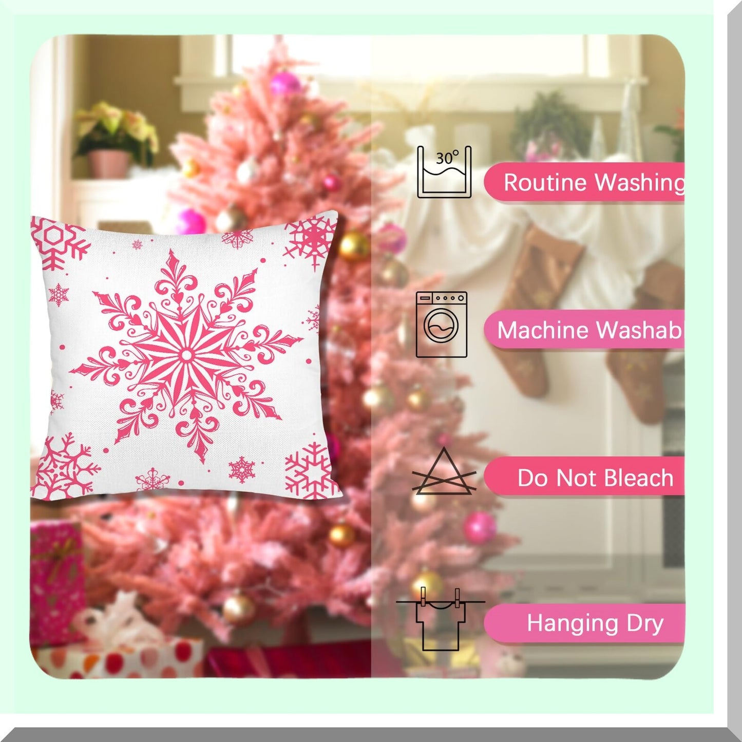 Holiday Cheer Farmhouse Pillow Covers - Set of 4 Snowflake Merry Decor Cushion Cases 20x20 for Couch Sofa in Pink. Add some Holly Jolly vibes to your home decor this season!