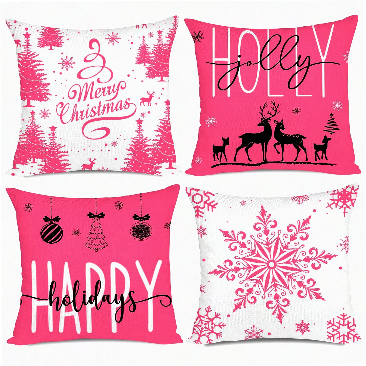 Holiday Cheer Farmhouse Pillow Covers - Set of 4 Snowflake Merry Decor Cushion Cases 20x20 for Couch Sofa in Pink. Add some Holly Jolly vibes to your home decor this season!