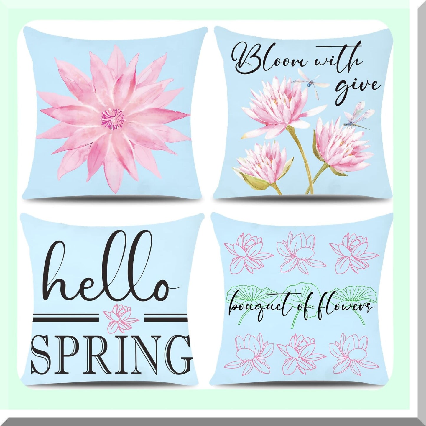 Blue Bloom Farmhouse Floral Pillow Covers - Hello Spring 18x18inch Decorative Cushion for Summer Outdoor Decorations, Daisy Couch Pillows