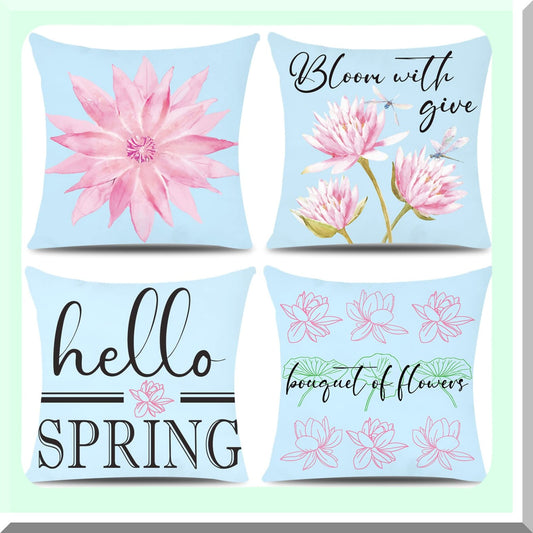 Blue Bloom Farmhouse Floral Pillow Covers - Hello Spring 18x18inch Decorative Cushion for Summer Outdoor Decorations, Daisy Couch Pillows