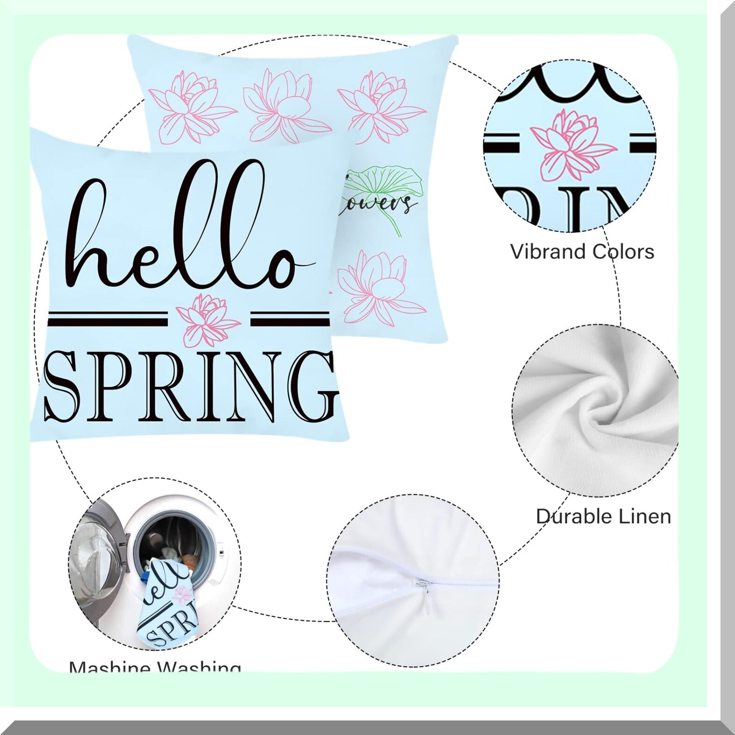 Blue Bloom Farmhouse Floral Pillow Covers - Hello Spring 18x18inch Decorative Cushion for Summer Outdoor Decorations, Daisy Couch Pillows