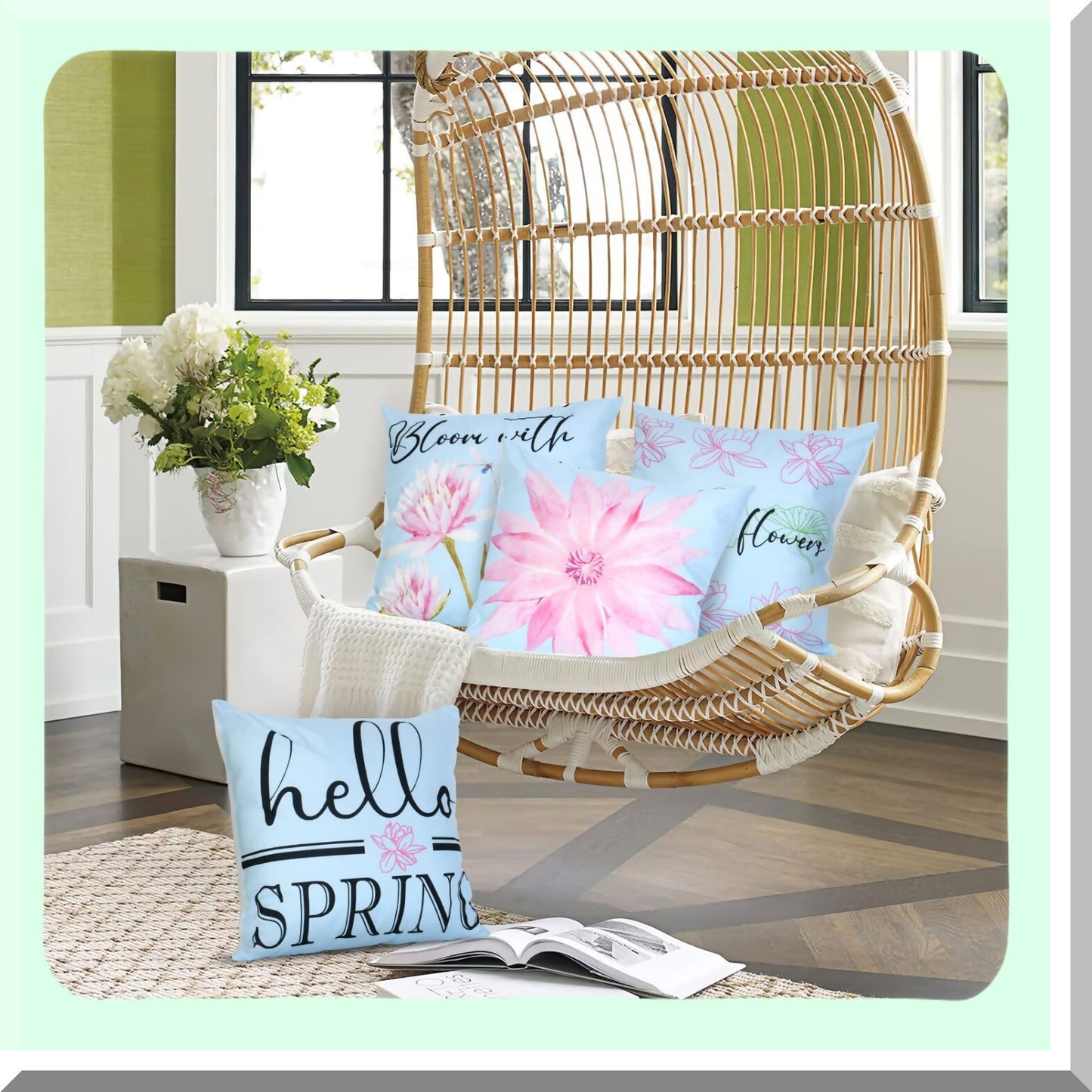 Blue Bloom Farmhouse Floral Pillow Covers - Hello Spring 18x18inch Decorative Cushion for Summer Outdoor Decorations, Daisy Couch Pillows