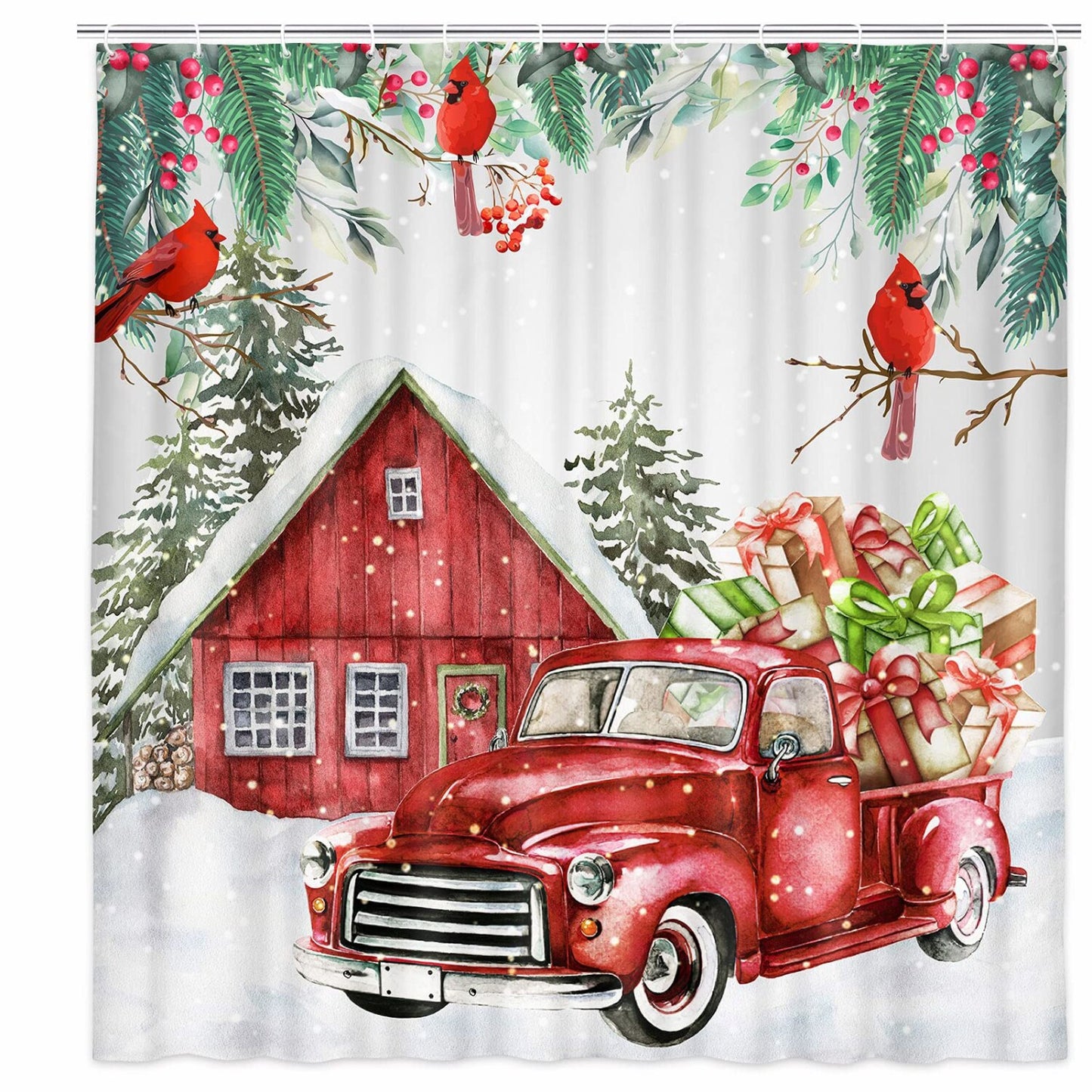 Fabric Shower Curtain 69x70 Inch Farm Red Truck and Holiday Trees