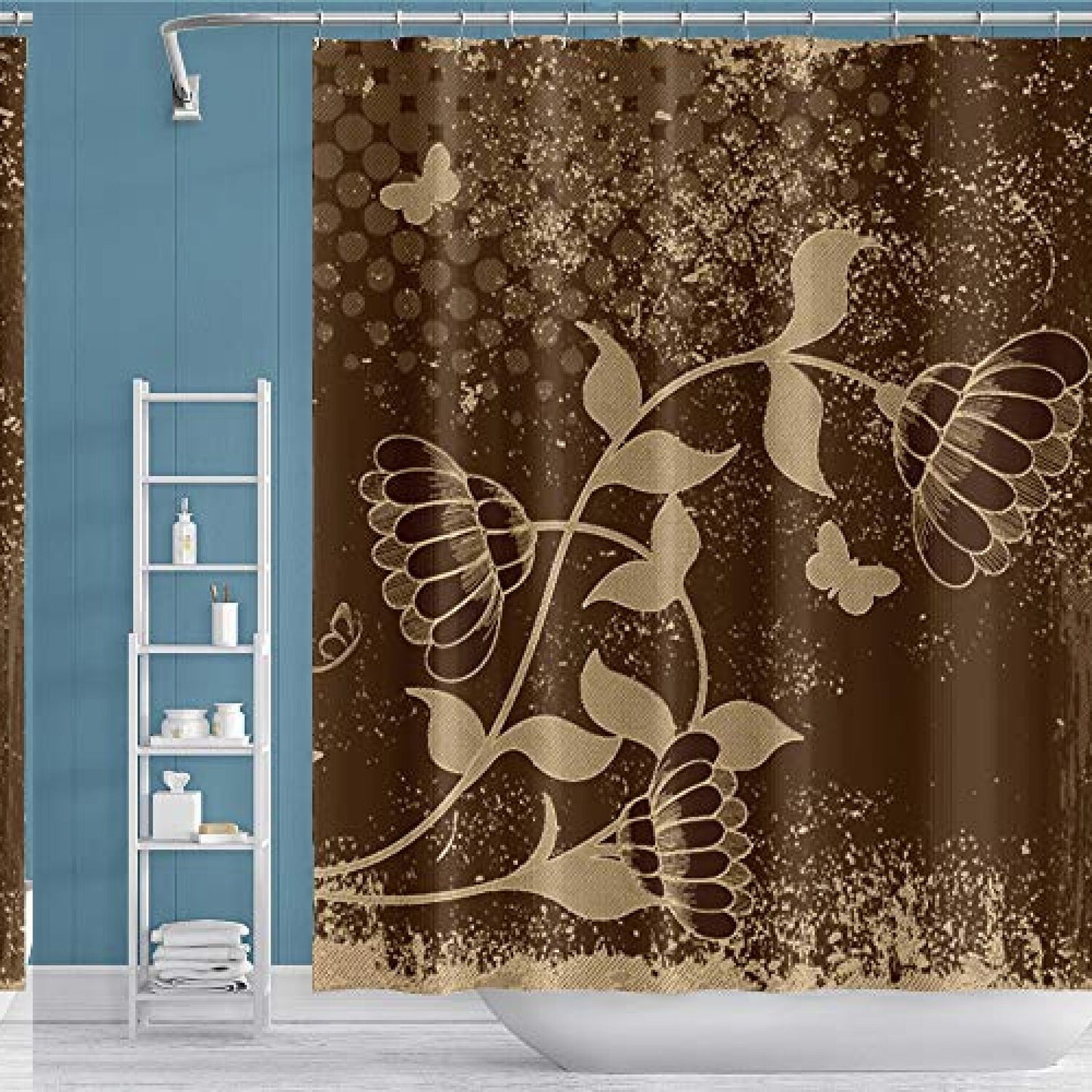 60x72inch Brown Floral Shower Curtain with Hooks