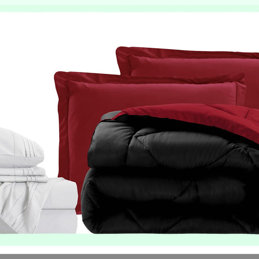 Luxury Comfort 7-Piece Bed Set - 1500 Thread Count Cal Size Bed-in-a-Bag, Cozy Sheets & Comforter, Wrinkle/Stain Resistant - Black/Burgundy