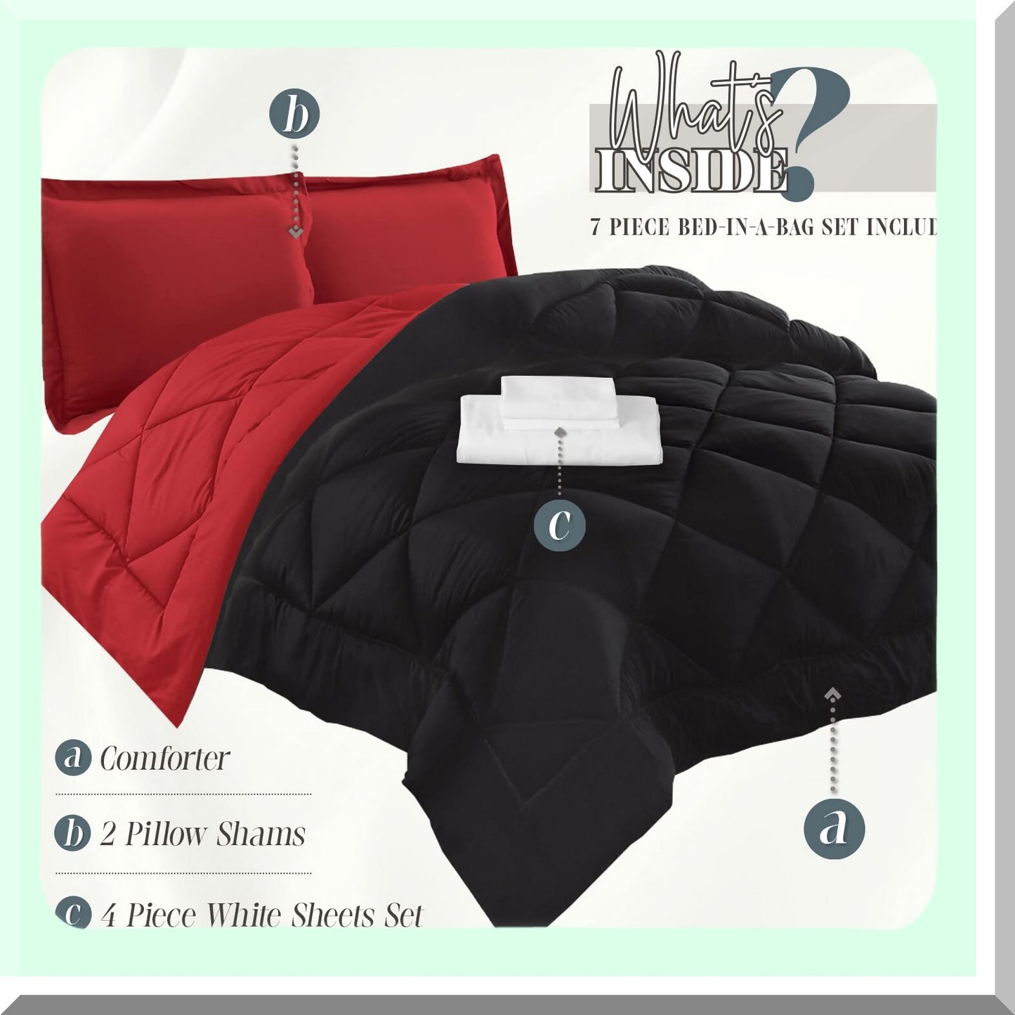 Luxury Comfort 7-Piece Bed Set - 1500 Thread Count Cal Size Bed-in-a-Bag, Cozy Sheets & Comforter, Wrinkle/Stain Resistant - Black/Burgundy