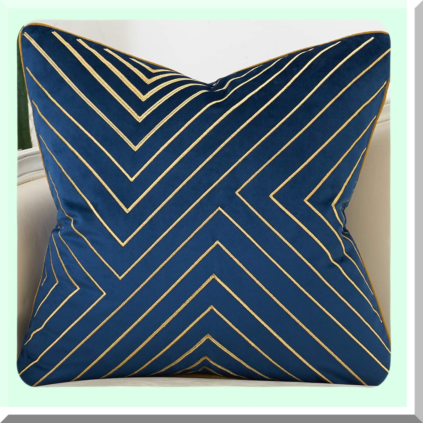 Navy Blue Gold Striped Geometric Velvet Cushion - Luxe Modern Throw Pillow Cover for Living Room, Bedroom, Car - 20x20 Inch Decorative Pillow