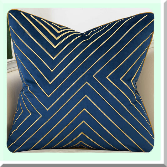 Navy Blue Gold Striped Geometric Velvet Cushion - Luxe Modern Throw Pillow Cover for Living Room, Bedroom, Car - 20x20 Inch Decorative Pillow