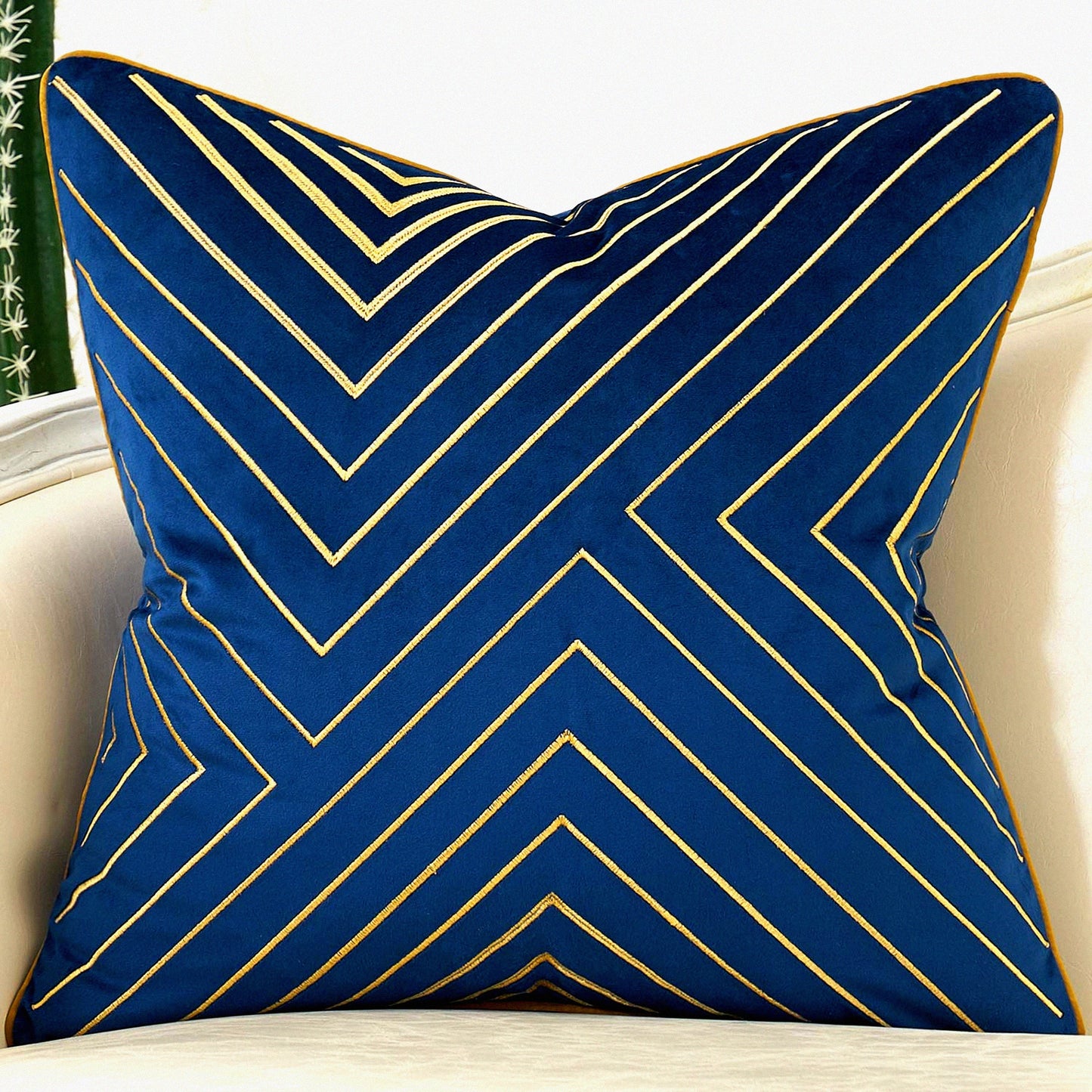 Navy Blue Gold Striped Geometric Velvet Cushion - Luxe Modern Throw Pillow Cover for Living Room, Bedroom, Car - 20x20 Inch Decorative Pillow