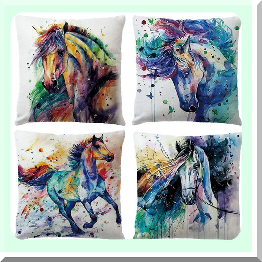 Watercolor Horse Decor Pillow Set - Ink Painting Cushion Covers for Home Decor - Square 18x18 Inches, 4 Pack - Decorative Throw Pillow Cases