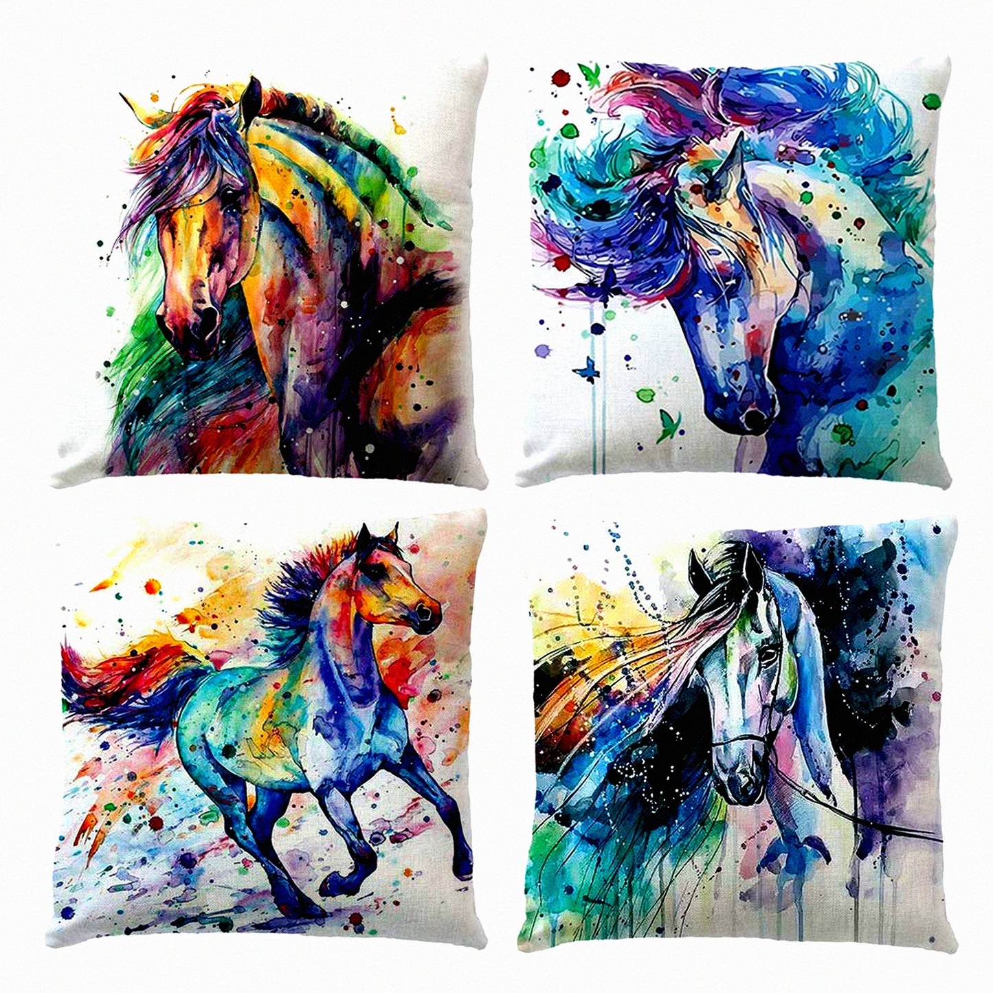 Watercolor Horse Decor Pillow Set - Ink Painting Cushion Covers for Home Decor - Square 18x18 Inches, 4 Pack - Decorative Throw Pillow Cases