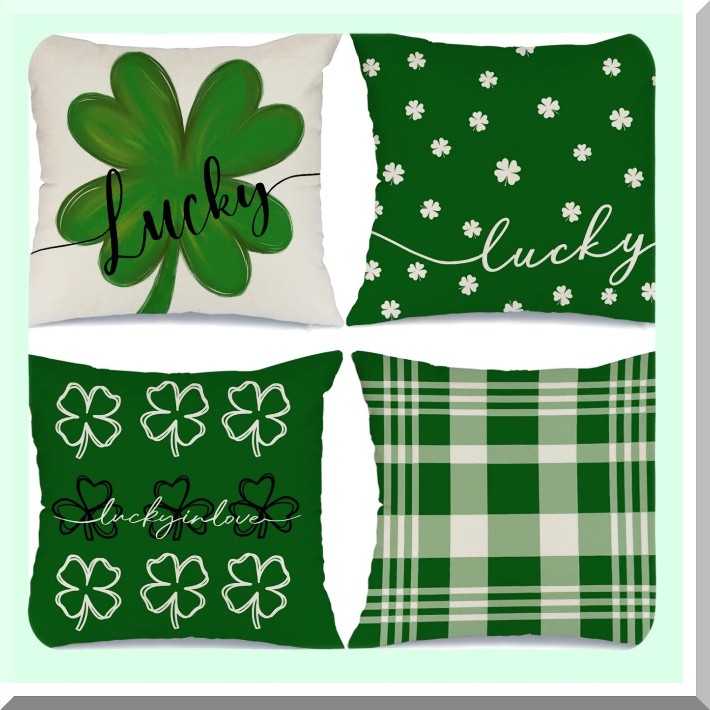 Lucky Clover Farmhouse Pillow Set - St Patricks Day Decor Bundle with Buffalo Plaid Shamrock Throw Pillows - Home Decorative Cushion Covers 18x18 - 4 Pack St Patricks Day Decorations