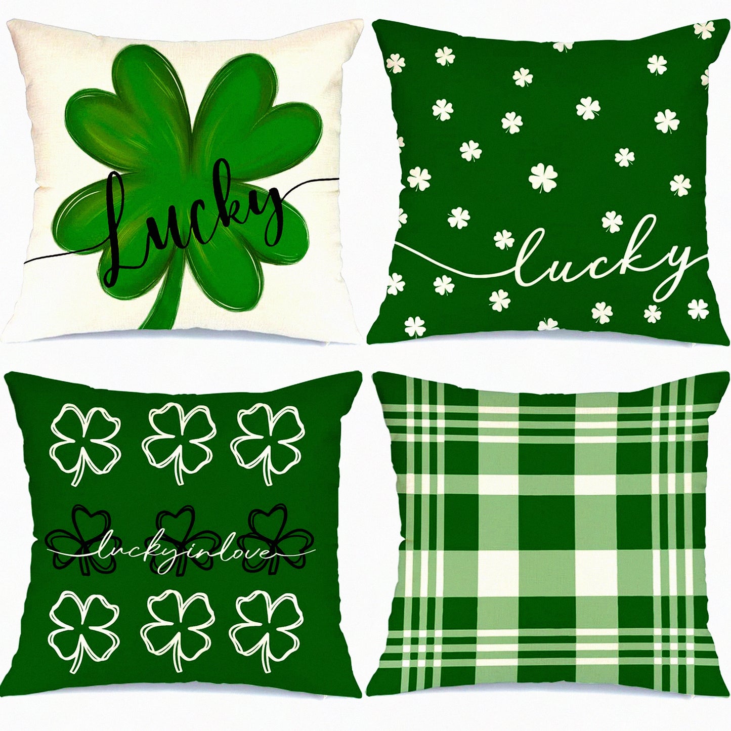 Lucky Clover Farmhouse Pillow Set - St Patricks Day Decor Bundle with Buffalo Plaid Shamrock Throw Pillows - Home Decorative Cushion Covers 18x18 - 4 Pack St Patricks Day Decorations