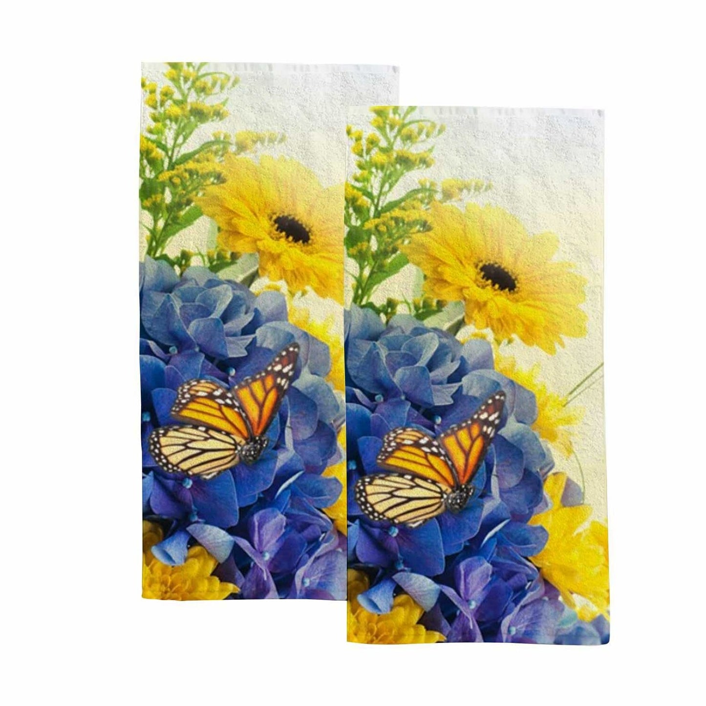 Set of 2 Summer Yellow Blue Butterfly Face Towels 30x15 Inch