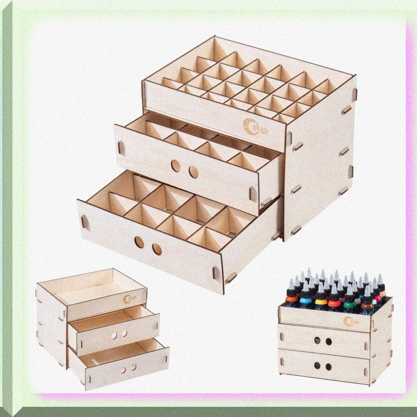 Wooden Paint Organizer with 2 Drawers and Removable Grids