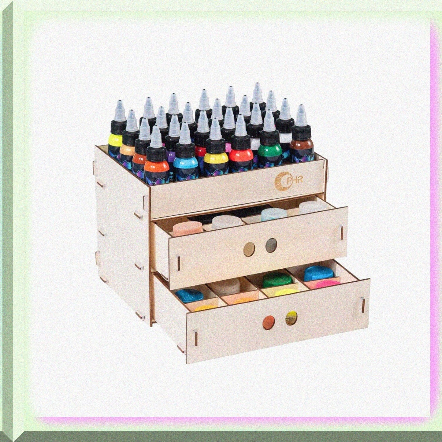 Wooden Paint Organizer with 2 Drawers and Removable Grids