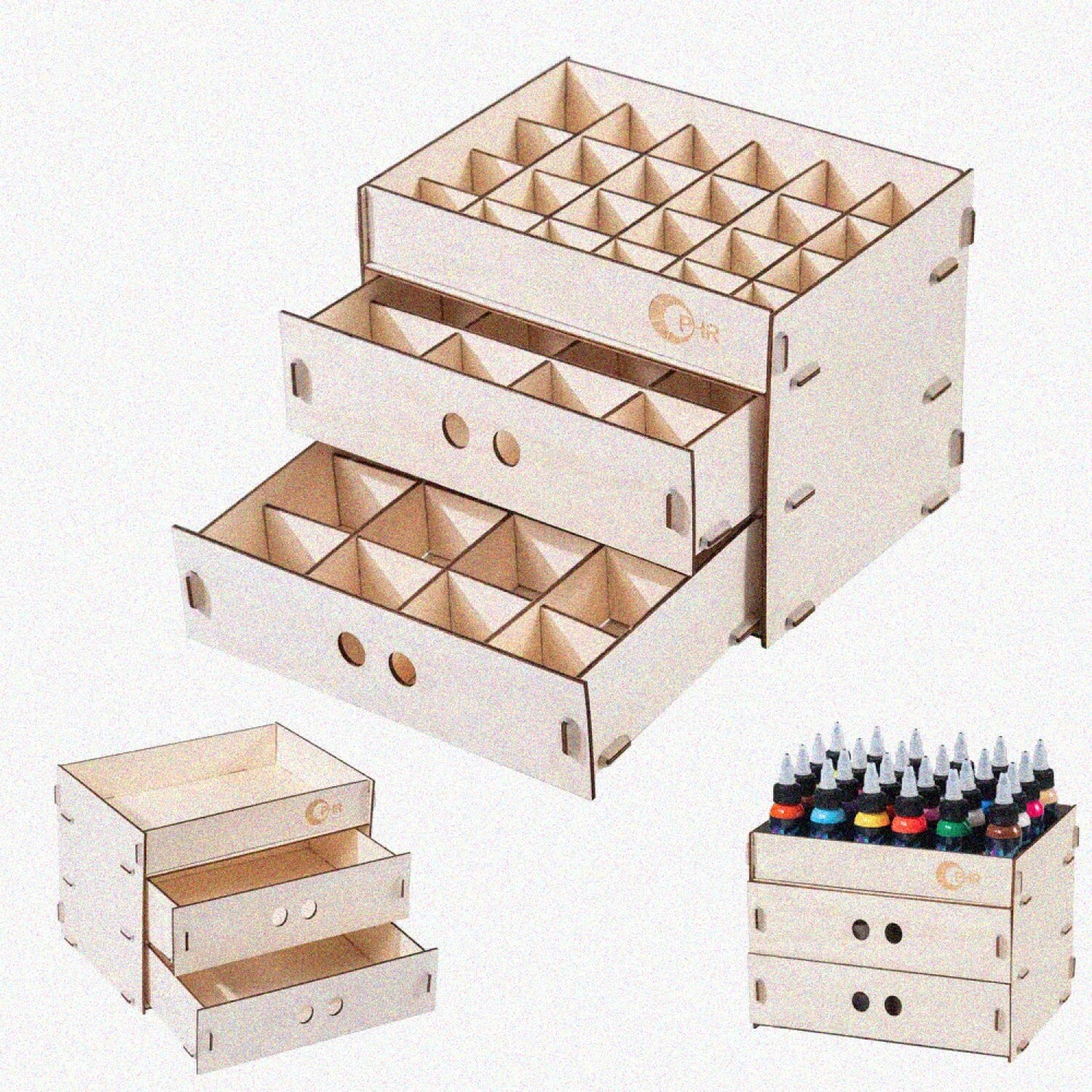 Wooden Paint Organizer with 2 Drawers and Removable Grids